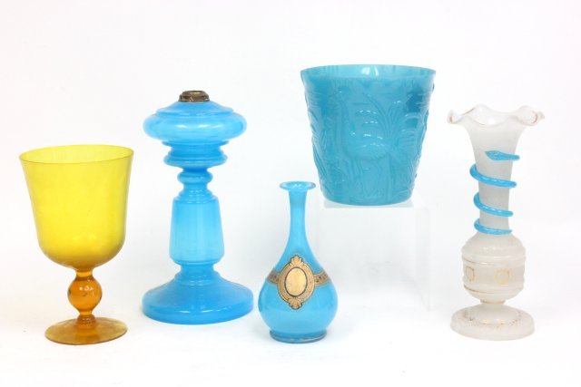 Group of French opaline glass: Including: Gilt decorated vase, molded vase, oil lamp, white vase & yellow vase. Wear to gilding. Largest approx. 10.5" H. From the estate of Chris Peckham.