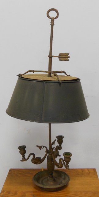 Brass tole lamp, 3 candlesticks with swans: (From the Estate of Chris Peckham), 30"H
