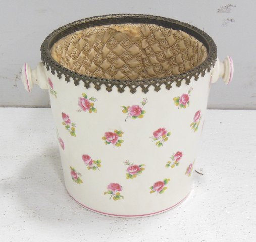 Minton Victorian "Floral" champagne bucket: Decorative metal rim, quilted cloth insert. Approx. 9.75".