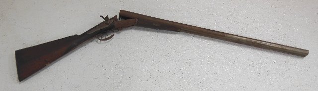 Enos James & Co. double barrel shotgun: 19thc, percussion cap 12 gauge inscribed E. James & Co. Loveday St. Birmingham, England. originally nickel plated, pitted, missing parts, stained (From the Estate of Chris Peckham)