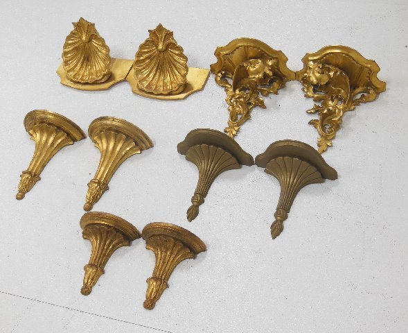 Five pairs giltwood wall brackets: The largest 11 1/2"H Some cracks and chips (From the Estate of Chris Peckham)