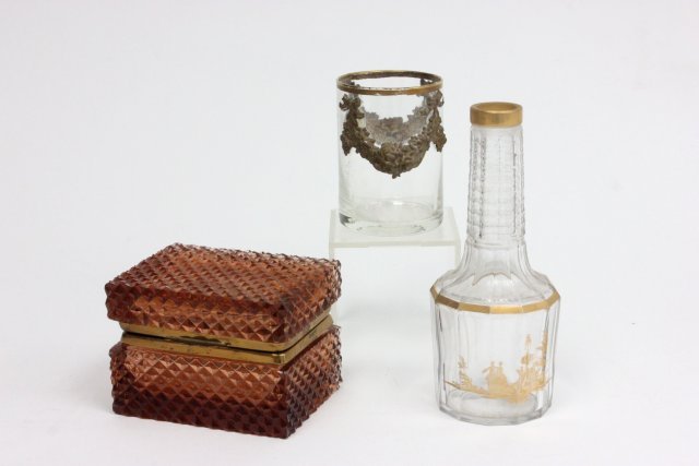 French gilt, brass & glass box: Together with a beaker & bottle. No stopper, metal added to beaker, top loose. Box Approx. 4.5" W.