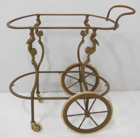 Figural Brass teacart: Glass missing, rubber on wheels worn, 28" x 28" x 14 1/2" (From the Estate of Chris Peckham)