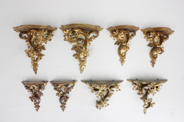 Four pair venetian rococo style giltwood brackets: the largest 10 3/4"H Some cracks and chips (From the Estate of Chris Peckham)