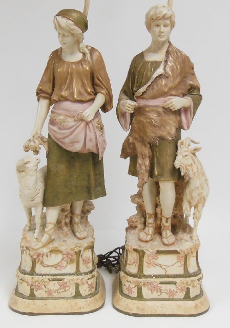 Pair porcelain lamps depicting "Peasants": Possibly Royal Dux, figural, repair to "Lamb Ear". Figure 23 1/2"H