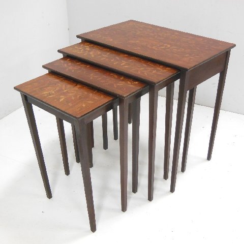 4 mahogany nesting tables: With inlays of flower baskets & birds. Largest approx. 29"H x 28"W x 17.75"D. 20thc. From the estate of Chris Peckham.