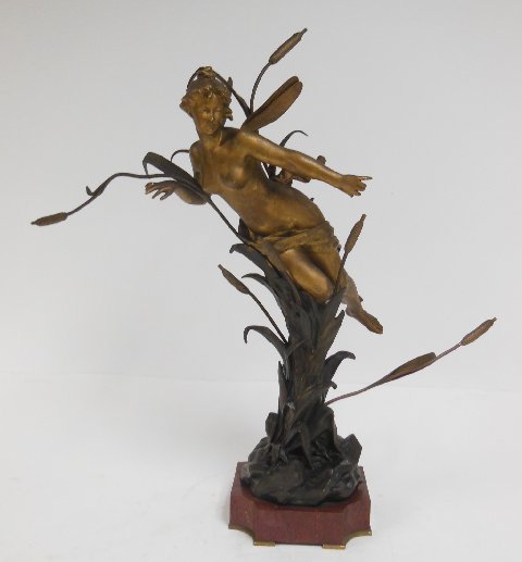 G. Obiols Tiffany bronze art nouveau nymph: Water nymph measures 25"H, and 27"H with rouge marble base. Signed on the base. Good condition. (From the Estate of Chris Peckham)