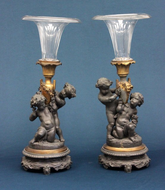 Pr bronze finish figural metal &glass top epergne: Ca. 19th c. Approx. 19.5" H.