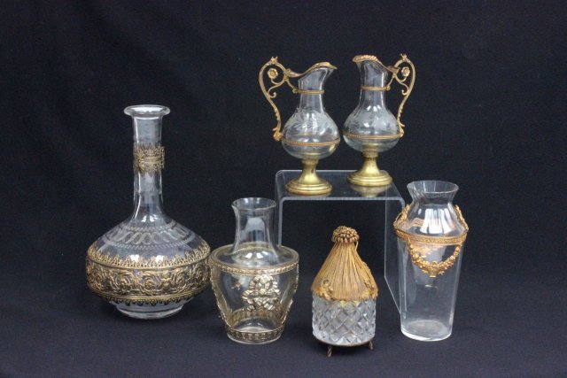 French gilt metal mounted glass circular box: With an oil & vinegar, etched beaker & 2 small vases. Box approx. 5.25" H. Some mounts worn, good condition.