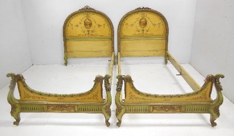 Pair paint decorated scenic beds ca. 1930's: French style carved.