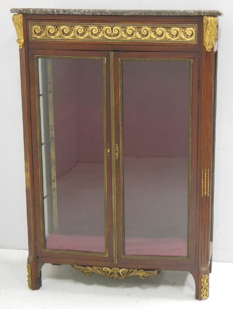 Louis XVI Vitrine by Andre-Antoine Lardin: Circa 1780, stamped LARDIN JME 56 3/4"H X 38 1/2"W x 15 1/2"D Originally a secretaire abbatant. Frieze mounts, corner crest mounts 18thc but adopted escutcheon added. Frame loose, slight separation, m