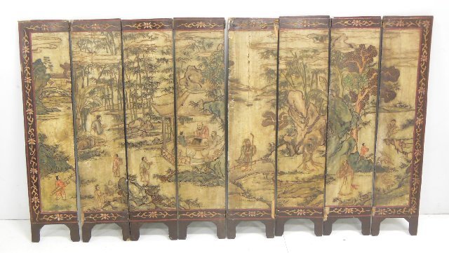 19th c. Chinese Coromandel 8 panel table screen: Possibly earlier. Each panel approx. 42.25" H x 9". Heavily chipped. Worn. From the estate of Chris Peckham.