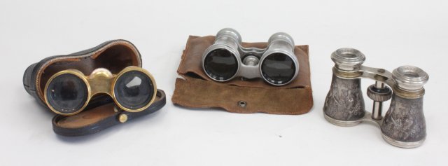 3 pairs of opera glasses: Including 1 - mother-of-pearl glasses in original case & box, approx. 4.25" W. 1 - Chevalier glasses and 1 - Demaire glasses. From the estate of Chris Peckham.