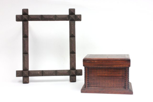 Tramp art box & art frame: Box dated "1915, To Tom & Agnes", approx. 13" W. Art frame, approx. 24" H x 21.25" W. Wear to both pieces. From the estate of Chris Peckham.
