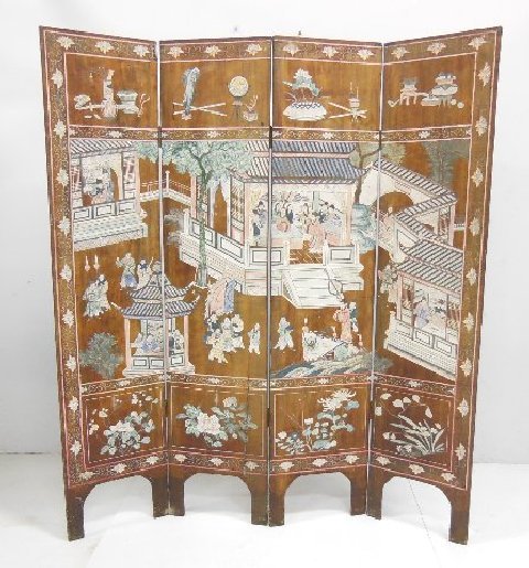 Chinese coromandel tete de negre 4 panel screen: 19thc chips and cracks throughout each pabel 71 3/4"H x 15 3/4"W (From the Estate of Chris Peckham)