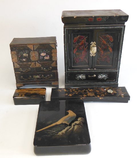 3 Japanese lacquer boxes & 2 jewelry boxes: 3 Japanese lacquer boxes with gilt parcel decoration of "Bird & Mountainscape", 1 with mother of pearl flower, glove box approx. 15 3/4" L x 3 5/8" x 1 1/2" H, Rectangular box 6 1/2" x 3 1/2" x 2" H, 