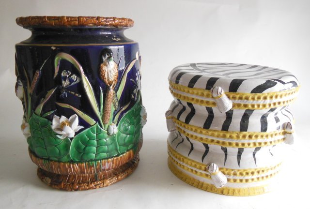 Ceramic garden stools: Including 1 - Zebra striped stool. Largest approx. 19.25" H. From the estate of Chris Peckham.