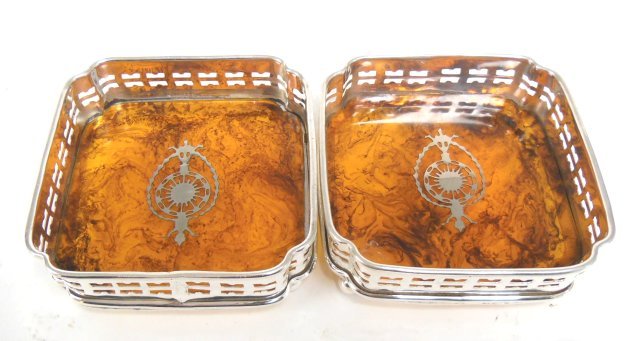 Pair silver plated & faux tortoise shell coasters: Approx. 5" x 5". modern