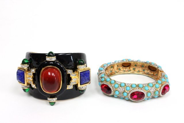 Collection of Kenneth Lane bracelets: Approx. 2 vintage late 1960's early 1970's hinged bracelet with turquoise, red and clear stones. From the estate of Anita Stern, owner of This-N-That antiques store, NYC.