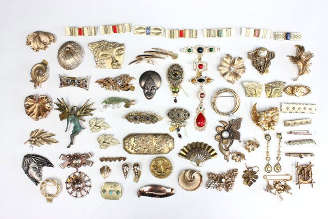 Large collection of vintage and sterling pins: Includes pieces from Trifari, Enzel and Napier. Approx. 25 pieces. From the estate of Anita Stern, owner of This-N-That antiques store, NYC.