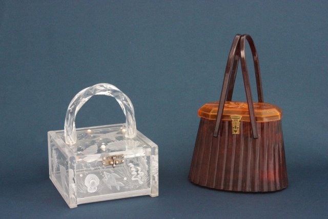 Joyce Francis signed handbags: "Bug Rhapsody" and lucite handbags. Bug Rhapsody circa 1995. Lucite bag has ocean motif, pearls and rhinestones. From the estate of Anita Stern, owner of This-N-That antiques store, NYC.