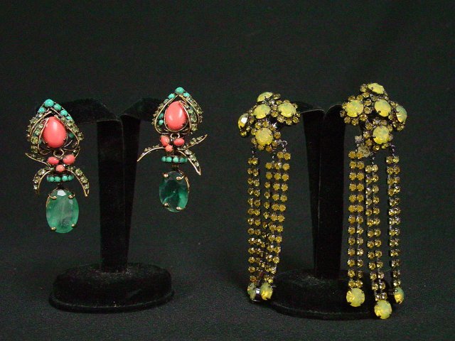C & D Jewelry & The Show Must Go On earrings: C & D clip on earrings are made from gilt brass and have coral and turquoise stones with approx. 3" drop. David Mandel "The Show Must Go On" clip on earrings have yellow rhinestones. Approx. 5 1/2" dr