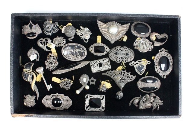 Sterling & marcasite costume jewelry collection: Approx. 29 pieces including a Sterling and onyx flamingo pin. From the estate of Anita Stern, owner of This-N-That antiques store, NYC.