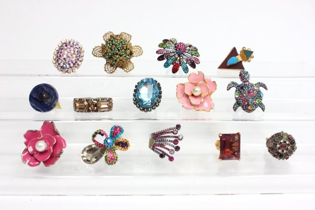 Oversized rhinestone and enamel rings: Approx. 12 rings, including some by Kenneth J Lane and Frango. From the estate of Anita Stern, owner of This-N-That antiques store, NYC.