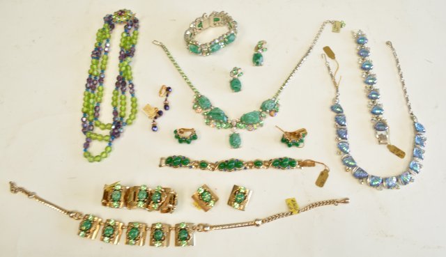 Green colored earrings, bracelets & necklaces: Approx. 5 sets of vintage pieces. Circa 1950's. Includes pieces by Hobe and Coro. From the estate of Anita Stern, owner of This-N-That antiques store, NYC.