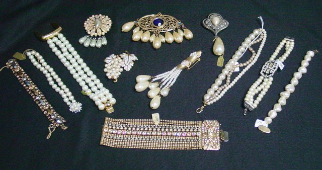 Stylish pearl and crystal bracelets & pins: Approx. 11 pieces, including some by Marvella and Kenneth J Lane. From the estate of Anita Stern, owner of This-N-That antiques store, NYC.