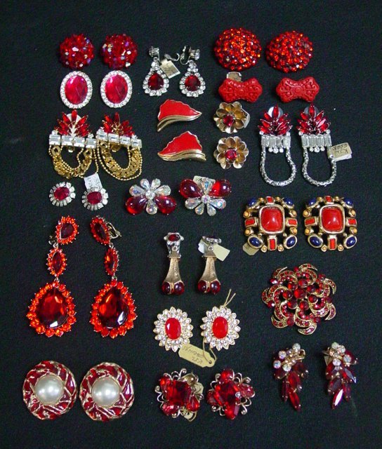 Garnet colored rhinestone & crystal earrings: Approx. 13 vintage sets. Includes pieces by Kenneth J Lane. From the estate of Anita Stern, owner of This-N-That antiques store, NYC.