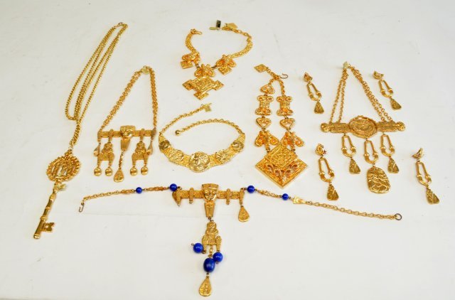 Egyptian revival necklaces and earrings: Approx. 8 pieces, including set of earrings, all by Jules van Rouge. From the estate of Anita Stern, owner of This-N-That antiques store, NYC.
