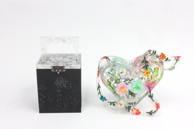 Joyce Francis floral neon and black etched bags: Approx. 2 pieces. From the estate of Anita Stern, owner of This-N-That antiques store, NYC.