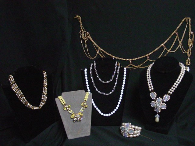 Miriam Haskell costume jewelry: Approx. 7 pieces Gold tone & pearl belt, necklaces & bracelets. Includes pieces by Mobe and Miriam Hasskell. From the estate of Anita Stern, owner of This-N-That antiques store, NYC.