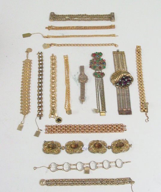 Gold tone and stone bracelets: Approx. 16 pieces, including vintage Monet. gold tone and stone bracelets