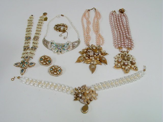 Vintage pearl and crystal necklaces earrings and pin: Approx.4 necklaces by Miriam Haskell . From the estate of Anita Stern, owner of This-N-That antiques store, NYC.