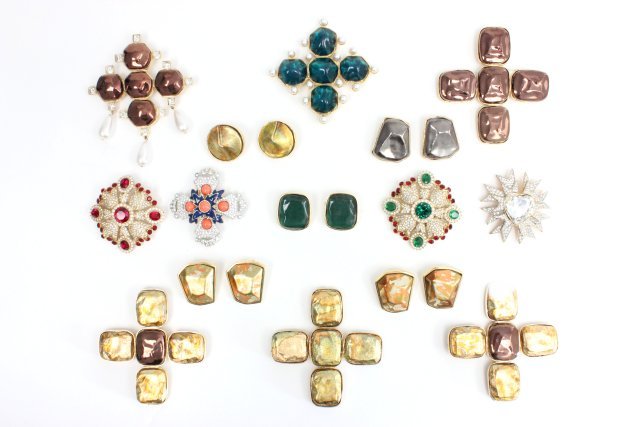 Large multi-stone pins and earrings: Approx. 10 pieces, including pieces by Kenneth J Lane. From the estate of Anita Stern, owner of This-N-That antiques store, NYC.