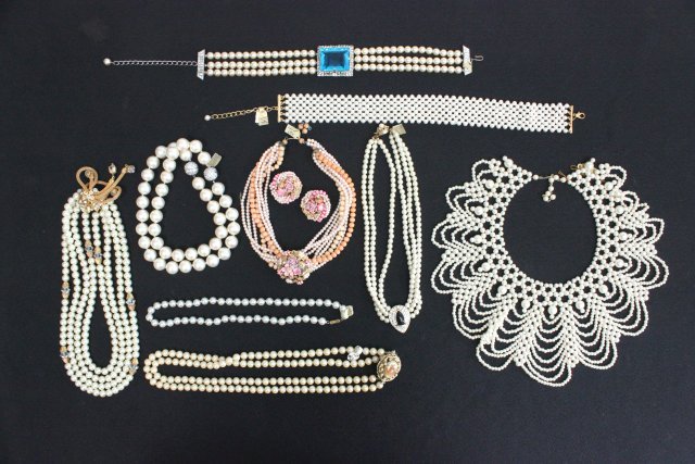 Pearl necklaces, choker and earrings: Includes a piece with a large aquamarine colored gem. Pieces by Kenneth J Lane. From the estate of Anita Stern, owner of This-N-That antiques store, NYC.