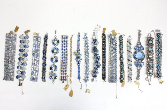Blue tone vintage rhinestone & crystal bracelets: Approx. 15 bracelets including pieces by Coro Vintage, Weiss and Juliana. From the estate of Anita Stern, owner of This-N-That antiques store, NYC.