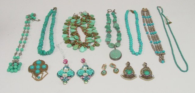 Turquoise necklaces & earrings, some Sterling: Approx. 8 pieces, including a pin and some designs by Trifari. From the estate of Anita Stern, owner of This-N-That antiques store, NYC.