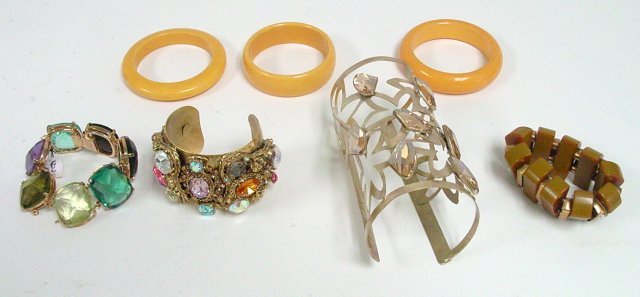 Gold tone & jeweled bracelets: Approx. 5 bracelets, including pieces by Miss Ellie, Ciner & Ex Novo. From the estate of Anita Stern, owner of This-N-That antiques store, NYC.