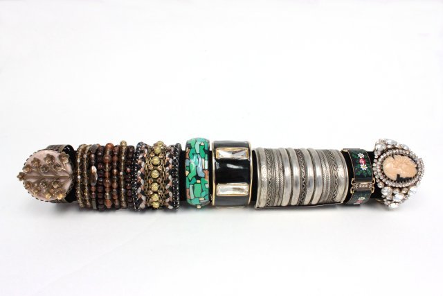 Rhinestone, cameo and enamel bracelets: Approx. 8 bracelets including pieces by Kenneth J Lane and Eisenberg. From the estate of Anita Stern, owner of This-N-That antiques store, NYC.