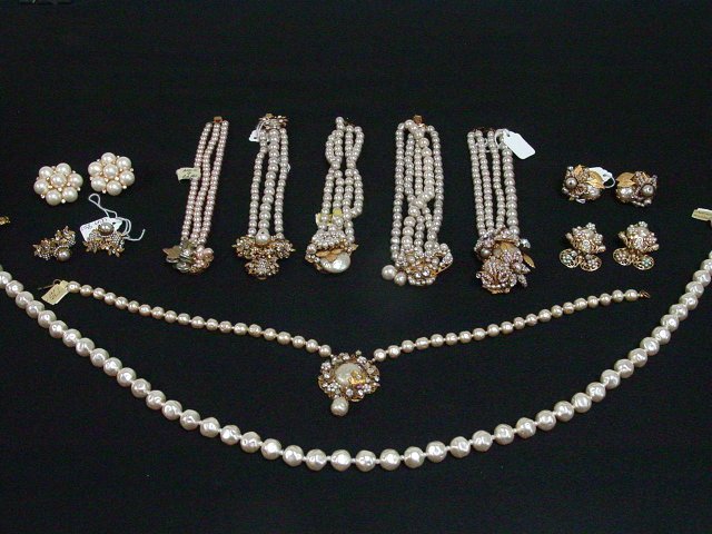 Pearl and rhinestone bracelets and earrings: Approx. 7 pieces by Miriam Haskell and Ciner. From the estate of Anita Stern, owner of This-N-That antiques store, NYC.