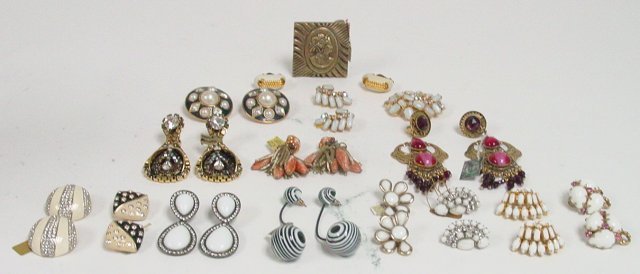 Assorted earring collection: Approx.14 earrings. Includes pins and belt buckle. Includes pieces by Hattie Carnegie, Ciner, Nicole Romano, JL Blin of France. From the estate of Anita Stern, owner of This-N-That antiques store, NYC