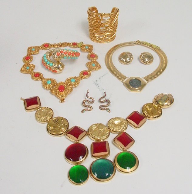 Gold tone bracelets, necklaces and earrings: Approx. 7 pieces including some turquoise and coral pieces and some pieces by KJL, Clara K amd Monet. From the estate of Anita Stern, owner of This-N-That antiques store, NYC.