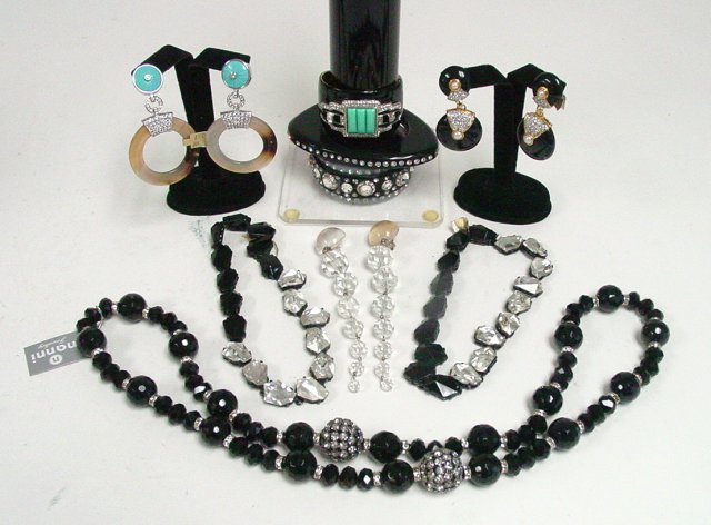 Rhinestone & crystal earrings & bracelets: Approx. 10 pieces including some Czechoslovakian, lucite, faceted jet beads and turquoise. Also some pieces by Kenneth J Lane. From the estate of Anita Stern, owner of This-N-That antiques store, NYC.