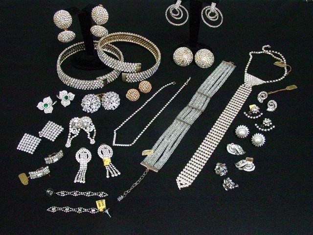 Crystal & rhinestone earrings & necklaces: Approx. 10 pieces including some by Weiss and Ciner. From the estate of Anita Stern, owner of This-N-That antiques store, NYC.