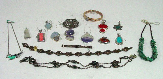 Sterling, turquoise & pearl jewelry collection: Approx. 10 pieces including earrings, necklaces and bracelets. Also includes some quartz and pieces by Coro. From the estate of Anita Stern, owner of This-N-That antiques store, NYC.
