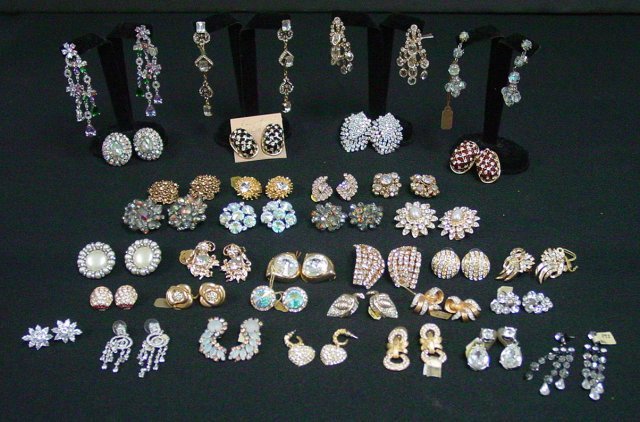 Rhinestone, crystal & enamel earrings: Approx. 20 set of earrings including pieces by Kennth J Lane, Trafari and Jomaz. From the estate of Anita Stern, owner of This-N-That antiques store, NYC.