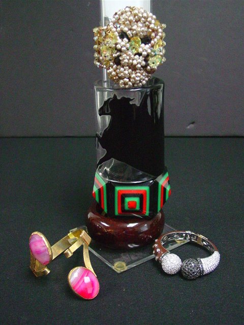 Lucite, resin and rhinestone bracelets: Approx. 6 pieces including some by Kenneth J Lane. From the estate of Anita Stern, owner of This-N-That antiques store, NYC.